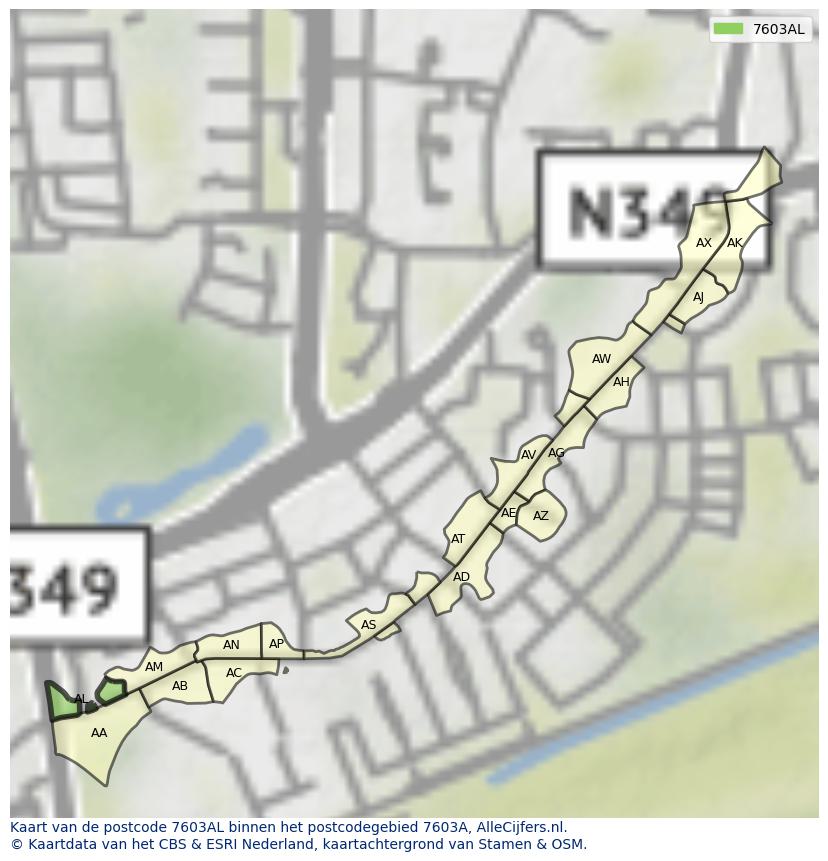 Afbeelding van het postcodegebied 7603 AL op de kaart.