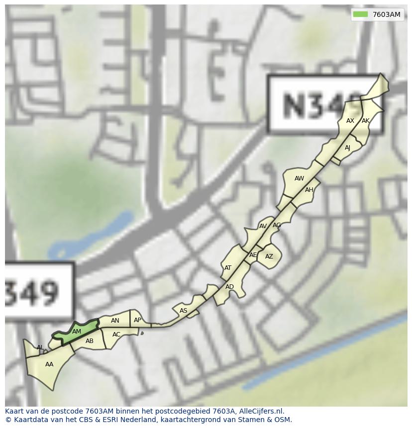 Afbeelding van het postcodegebied 7603 AM op de kaart.