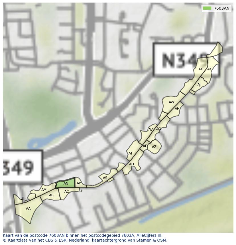 Afbeelding van het postcodegebied 7603 AN op de kaart.