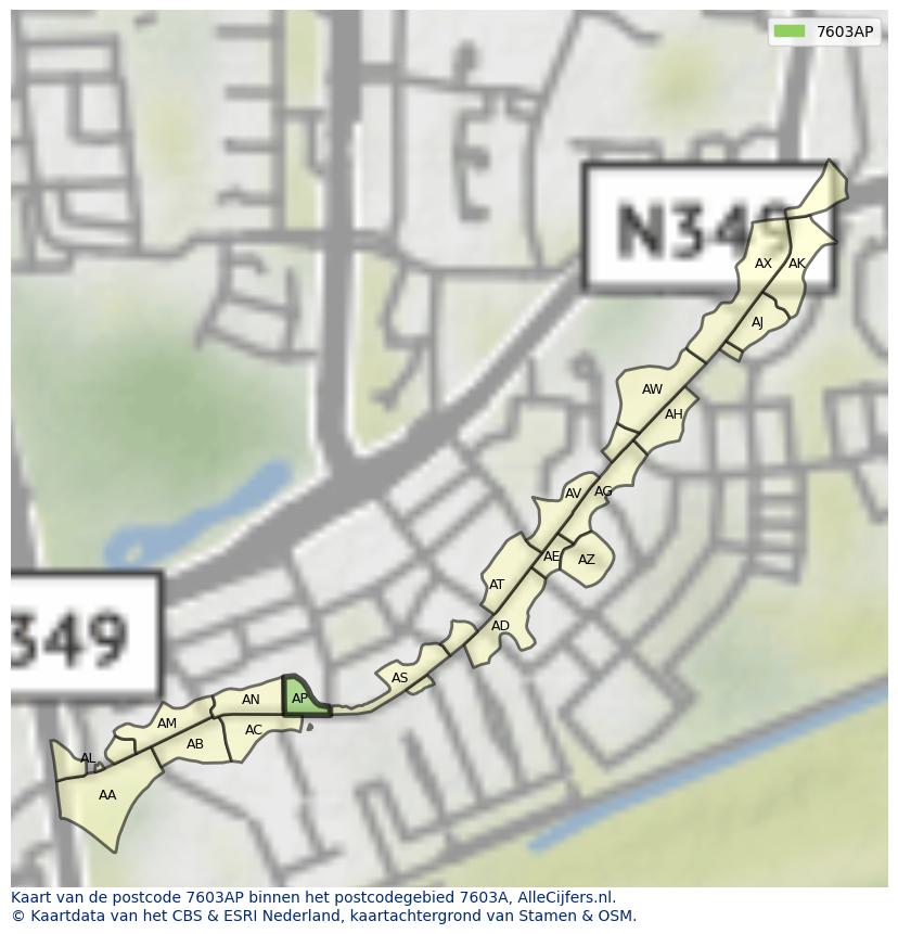 Afbeelding van het postcodegebied 7603 AP op de kaart.
