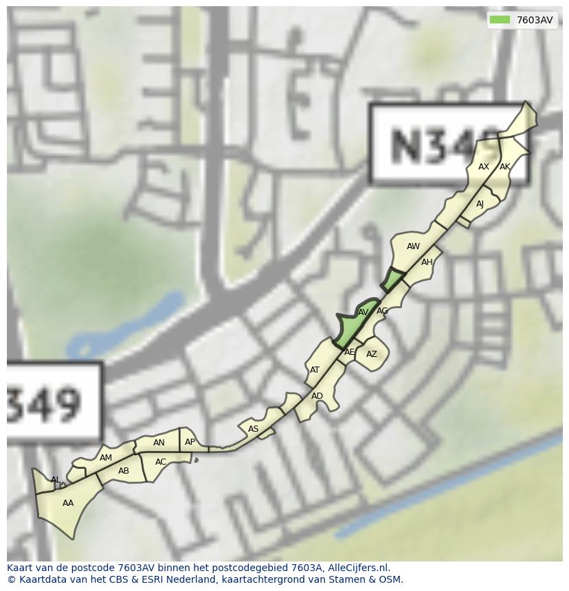 Afbeelding van het postcodegebied 7603 AV op de kaart.