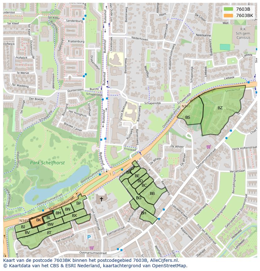 Afbeelding van het postcodegebied 7603 BK op de kaart.