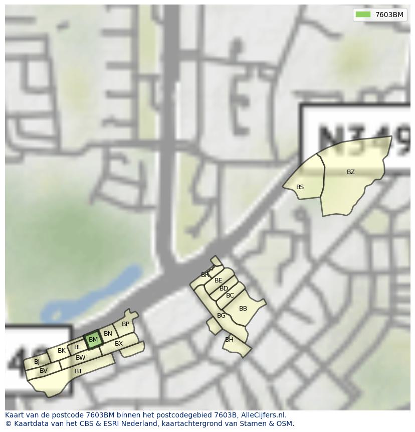 Afbeelding van het postcodegebied 7603 BM op de kaart.
