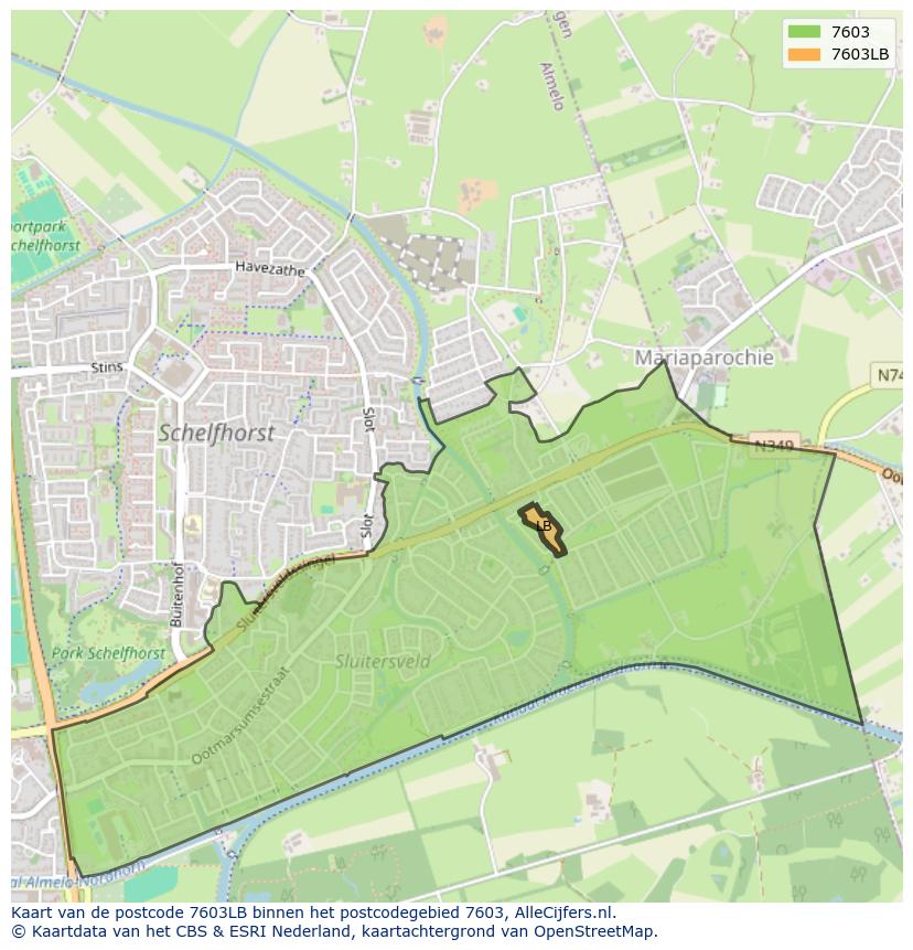 Afbeelding van het postcodegebied 7603 LB op de kaart.