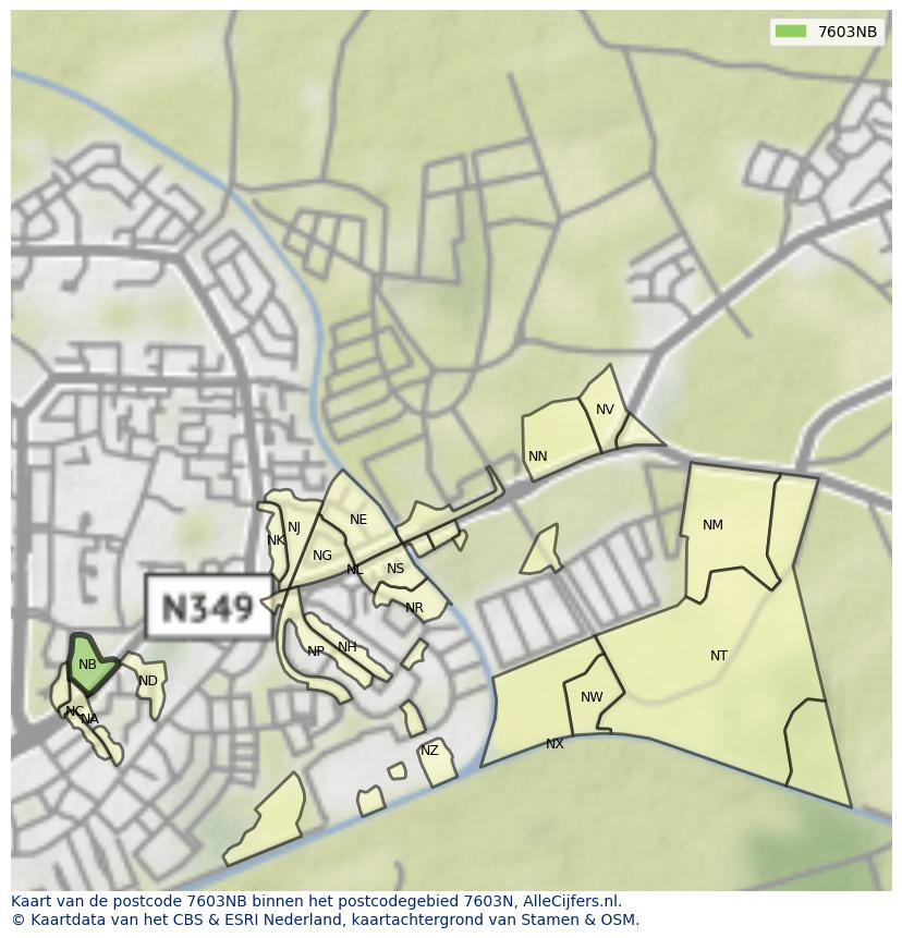 Afbeelding van het postcodegebied 7603 NB op de kaart.