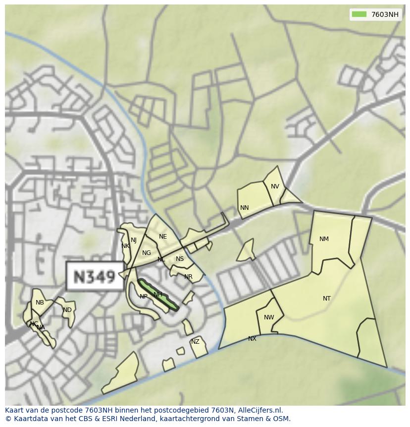 Afbeelding van het postcodegebied 7603 NH op de kaart.