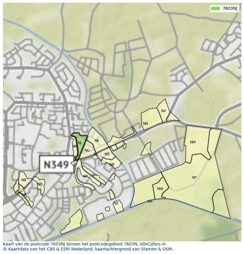 Afbeelding van het postcodegebied 7603 NJ op de kaart.