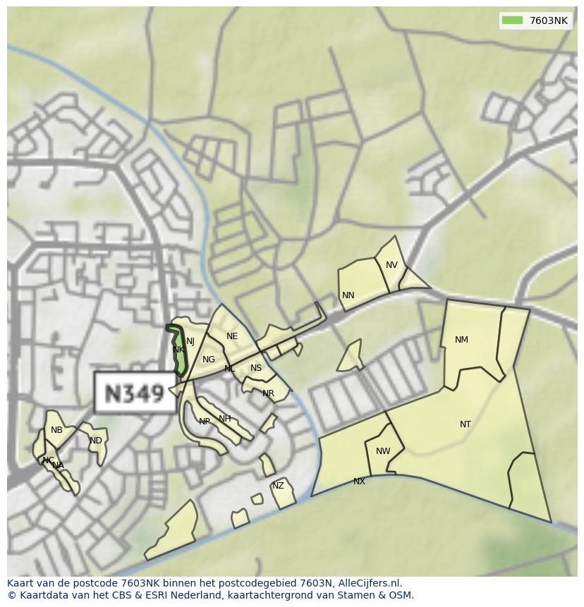Afbeelding van het postcodegebied 7603 NK op de kaart.