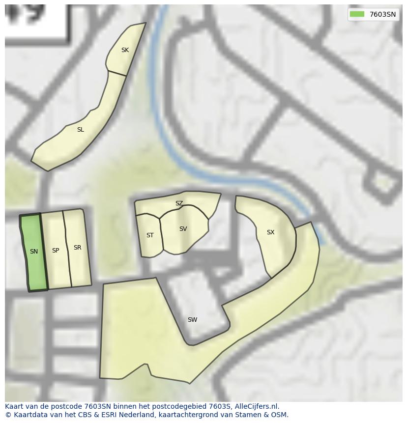 Afbeelding van het postcodegebied 7603 SN op de kaart.
