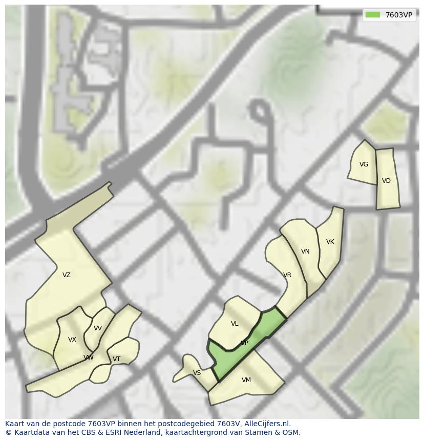 Afbeelding van het postcodegebied 7603 VP op de kaart.