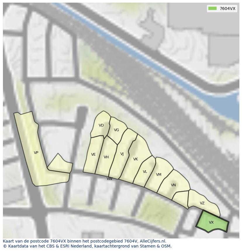 Afbeelding van het postcodegebied 7604 VX op de kaart.