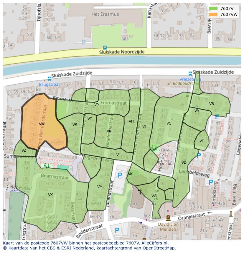 Afbeelding van het postcodegebied 7607 VW op de kaart.