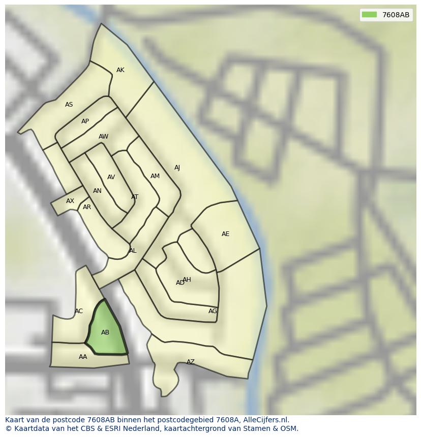 Afbeelding van het postcodegebied 7608 AB op de kaart.