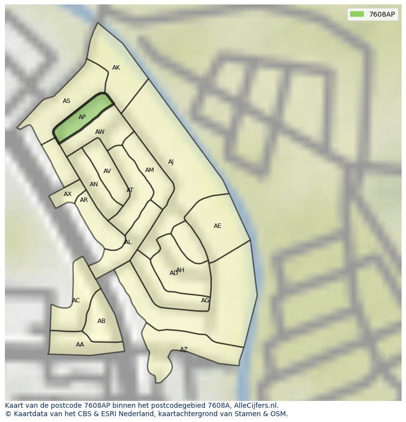 Afbeelding van het postcodegebied 7608 AP op de kaart.