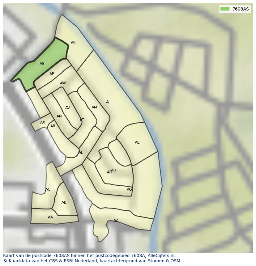 Afbeelding van het postcodegebied 7608 AS op de kaart.