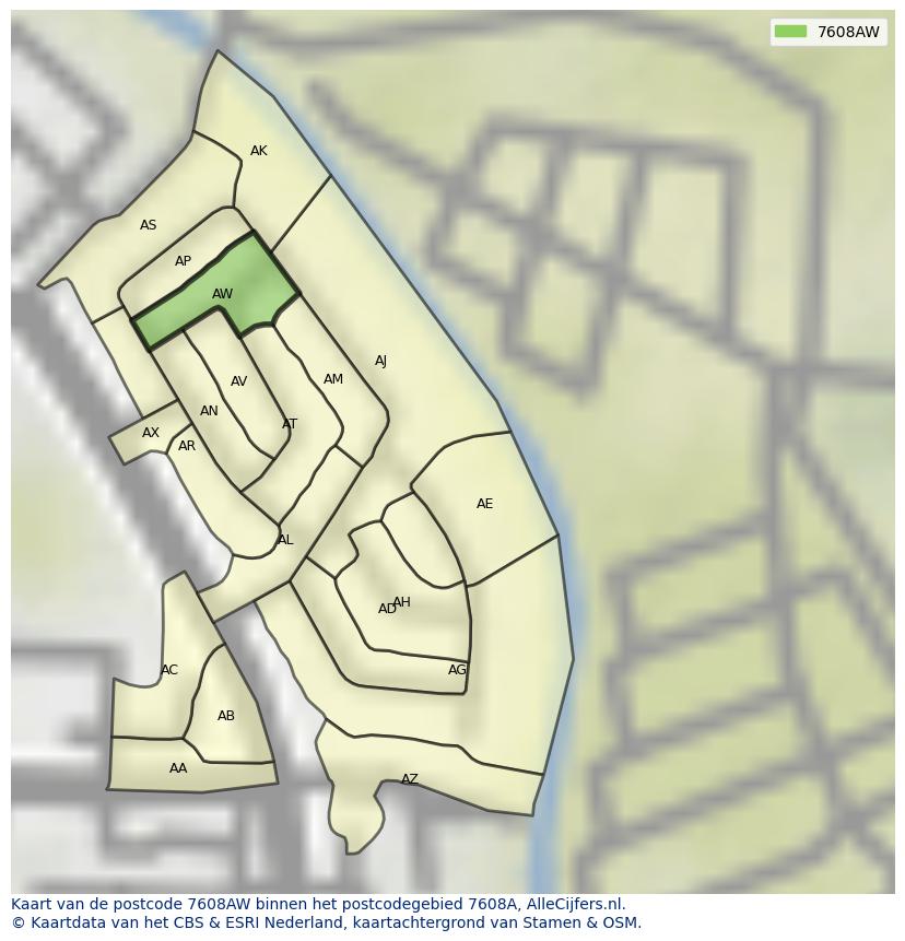 Afbeelding van het postcodegebied 7608 AW op de kaart.