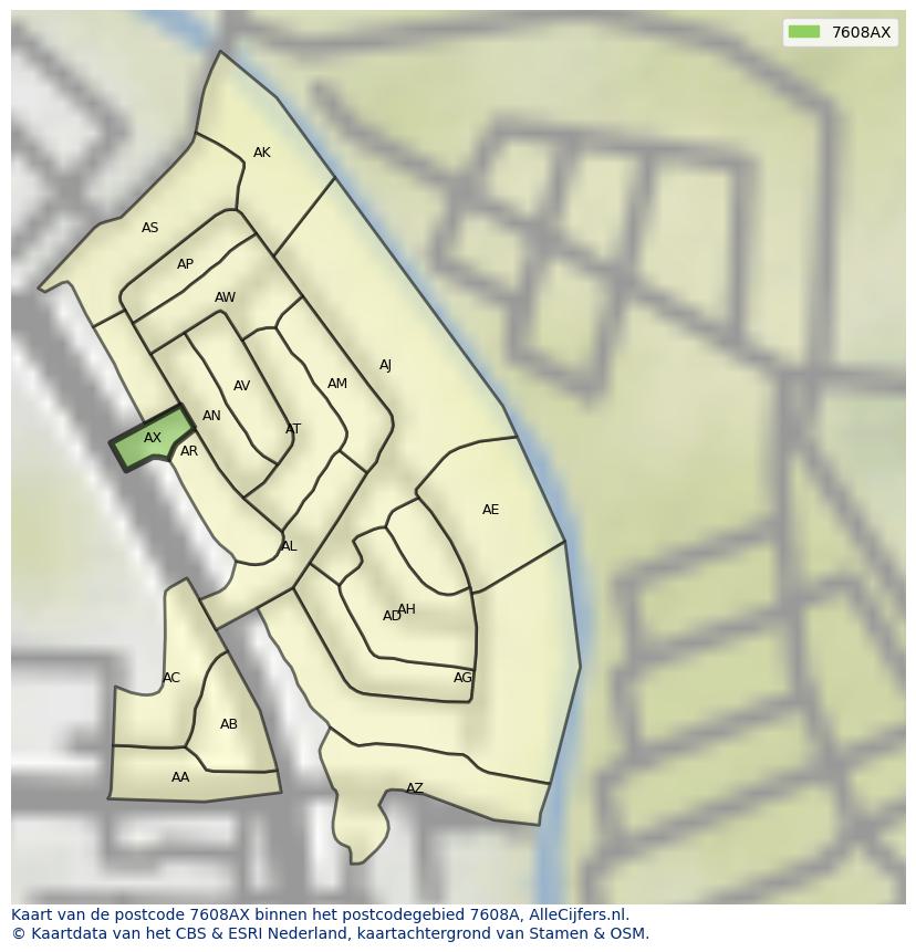Afbeelding van het postcodegebied 7608 AX op de kaart.