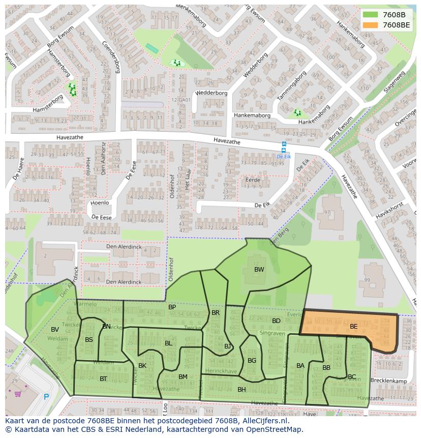 Afbeelding van het postcodegebied 7608 BE op de kaart.