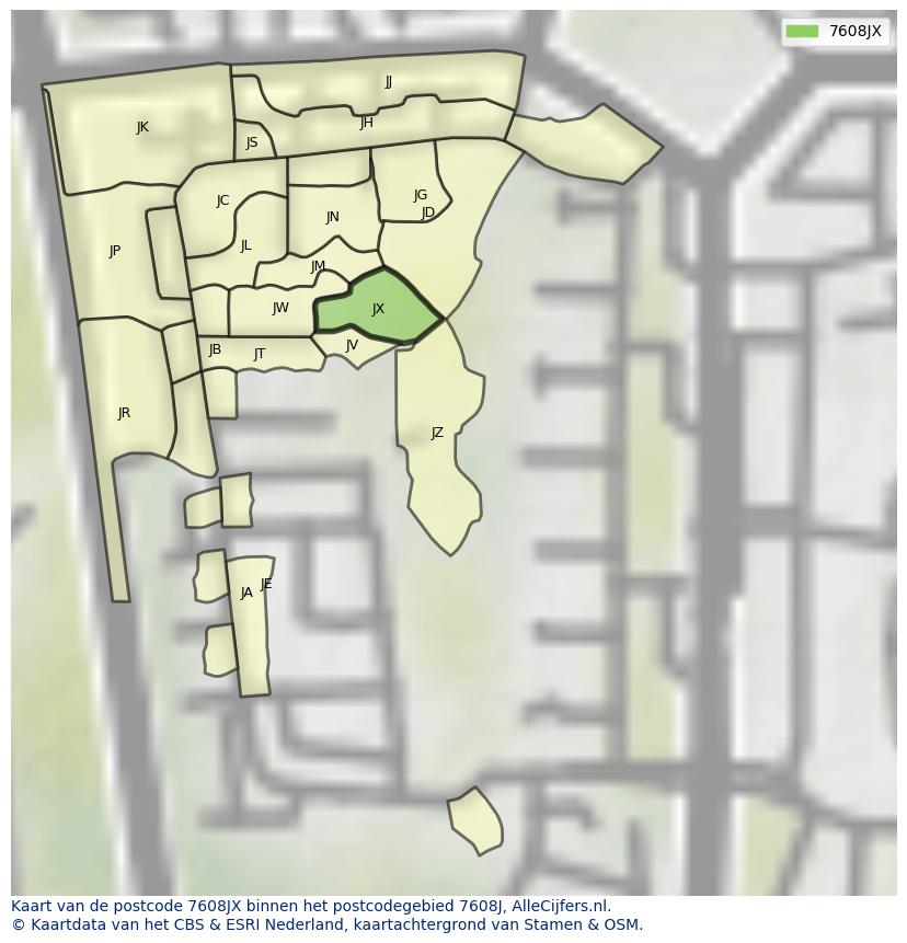 Afbeelding van het postcodegebied 7608 JX op de kaart.