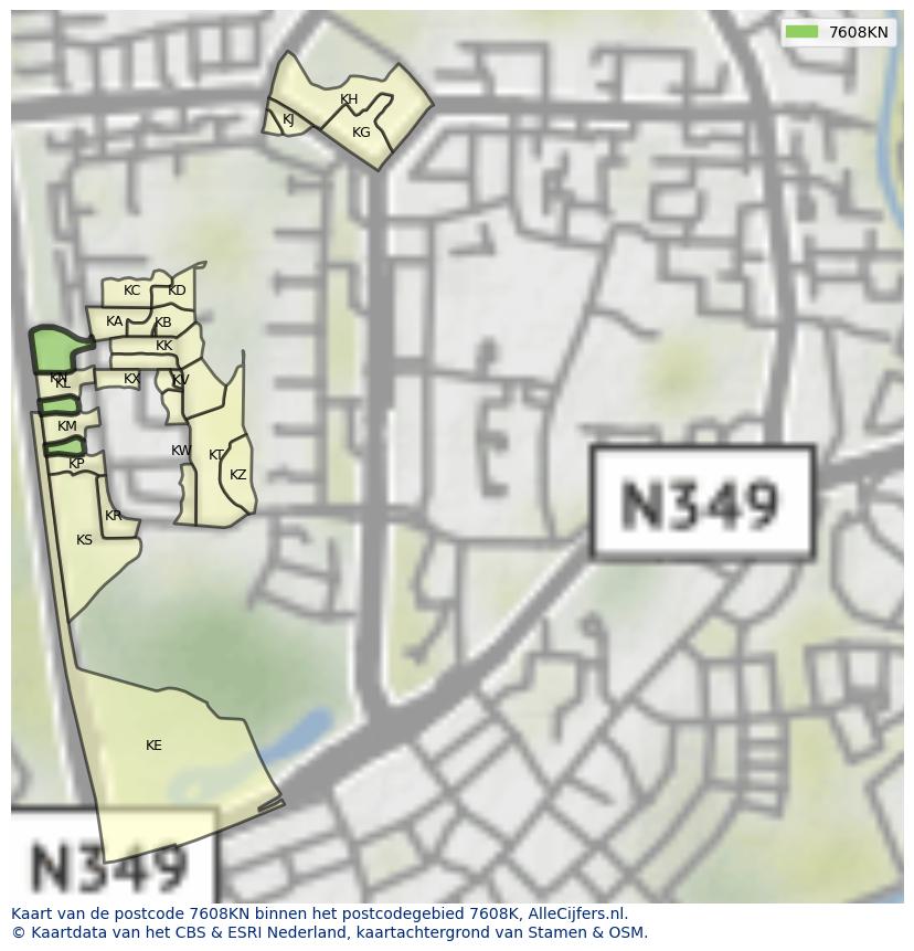 Afbeelding van het postcodegebied 7608 KN op de kaart.