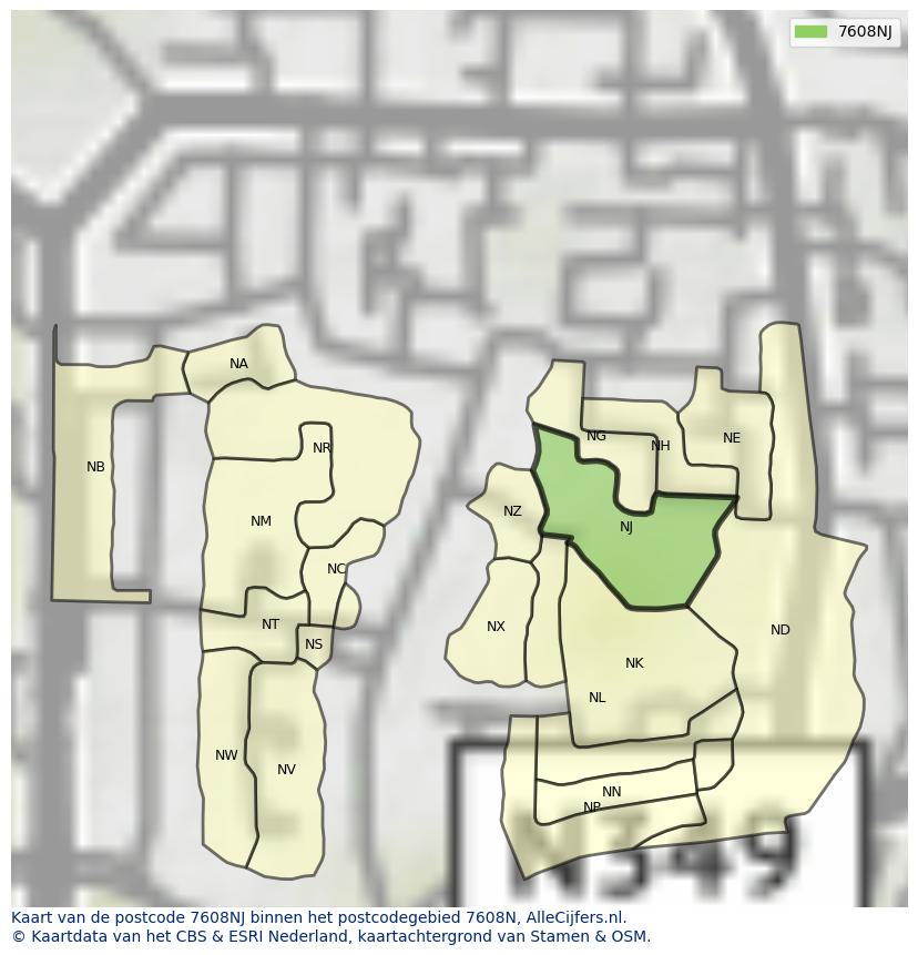 Afbeelding van het postcodegebied 7608 NJ op de kaart.
