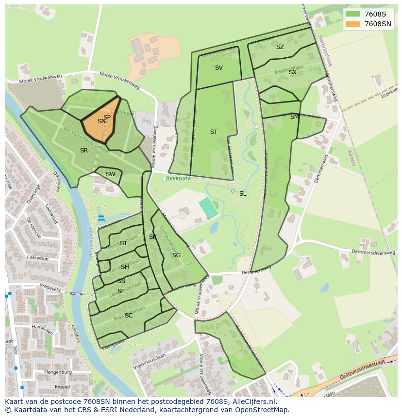 Afbeelding van het postcodegebied 7608 SN op de kaart.