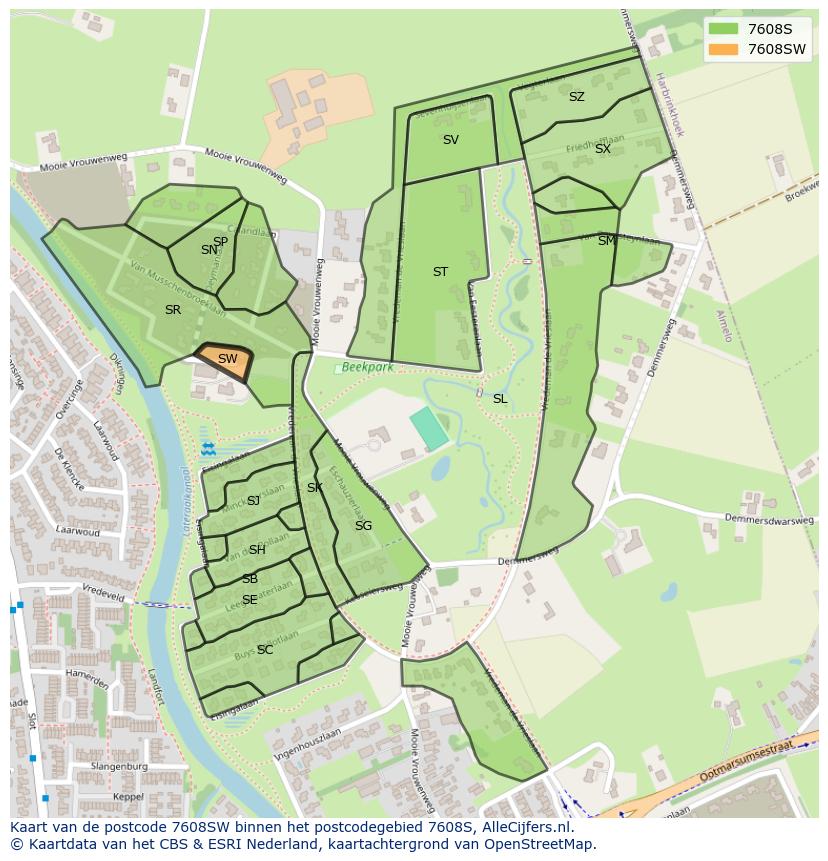 Afbeelding van het postcodegebied 7608 SW op de kaart.