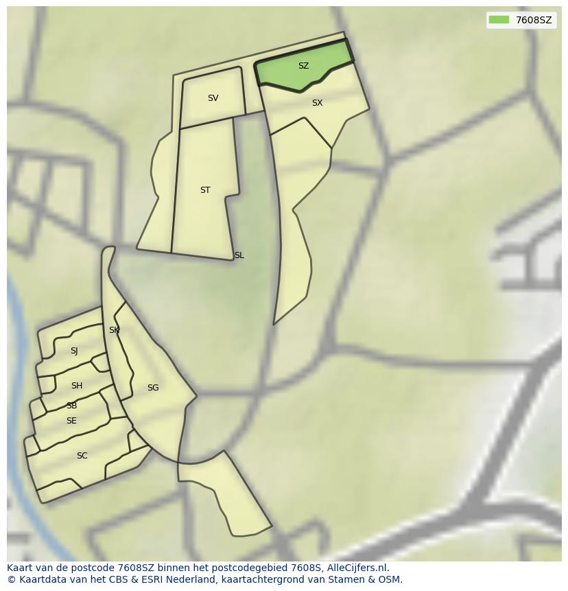 Afbeelding van het postcodegebied 7608 SZ op de kaart.