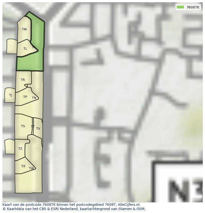 Afbeelding van het postcodegebied 7608 TK op de kaart.