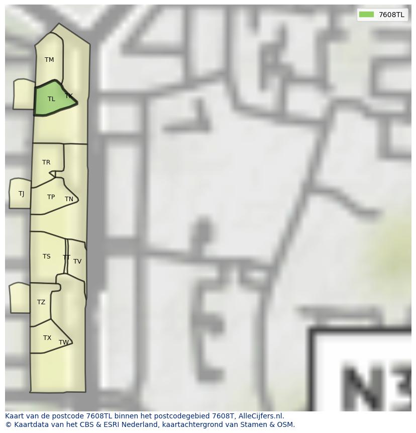 Afbeelding van het postcodegebied 7608 TL op de kaart.
