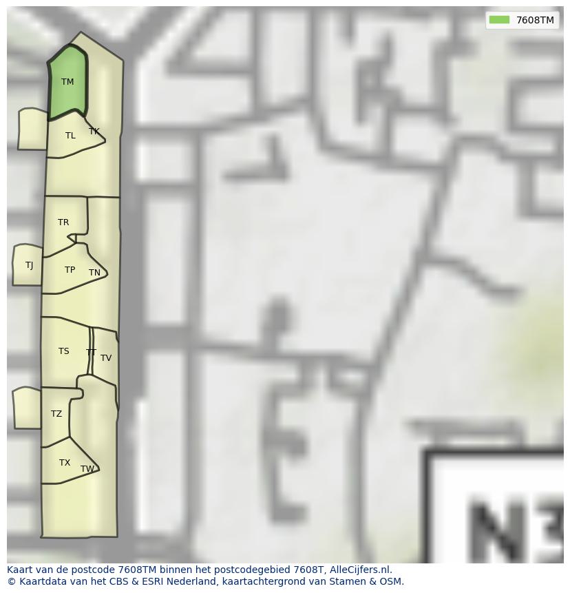 Afbeelding van het postcodegebied 7608 TM op de kaart.