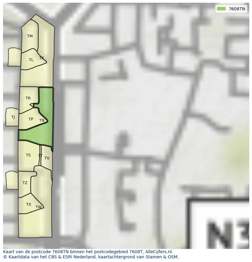 Afbeelding van het postcodegebied 7608 TN op de kaart.