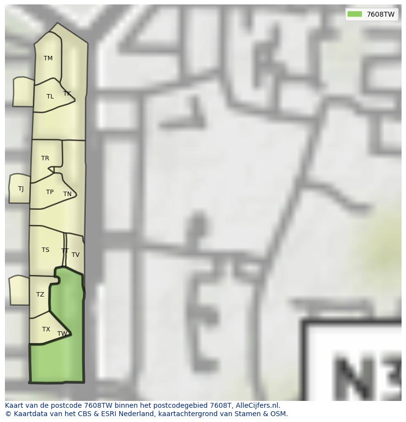 Afbeelding van het postcodegebied 7608 TW op de kaart.