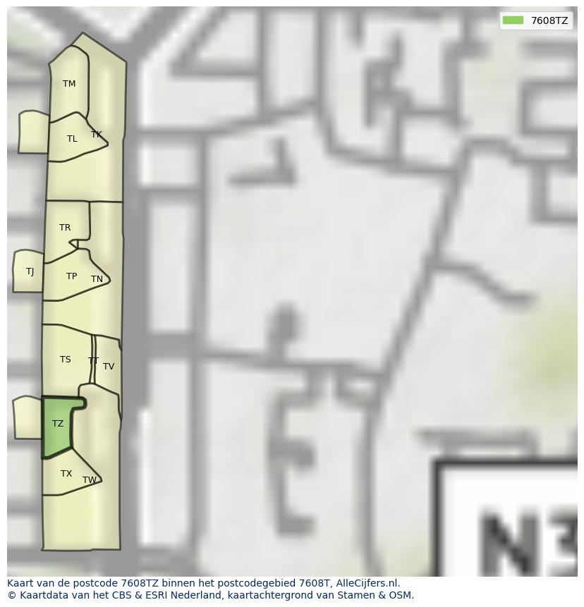 Afbeelding van het postcodegebied 7608 TZ op de kaart.