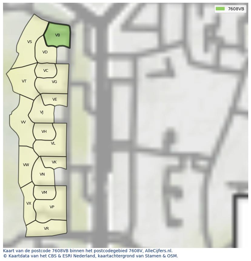 Afbeelding van het postcodegebied 7608 VB op de kaart.