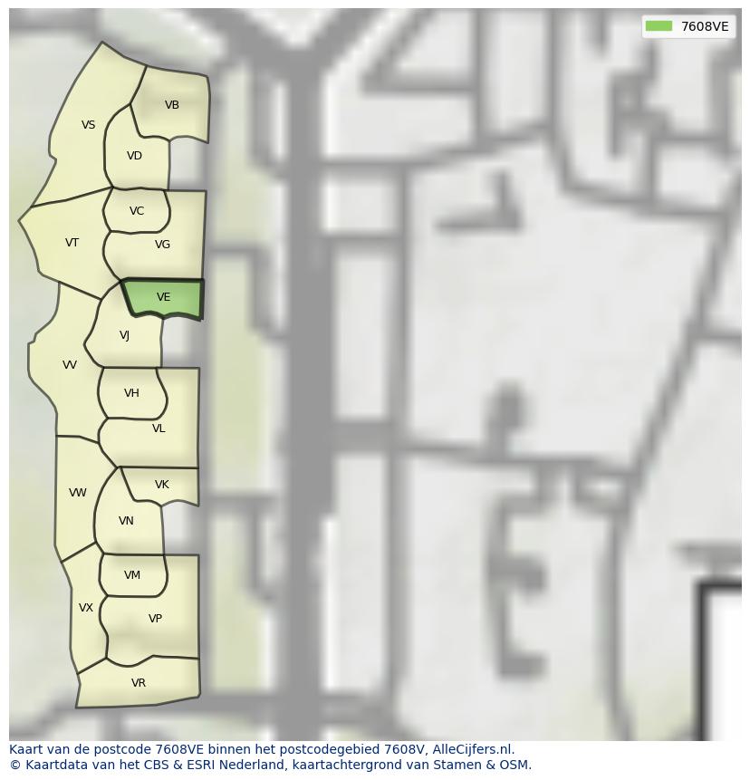 Afbeelding van het postcodegebied 7608 VE op de kaart.