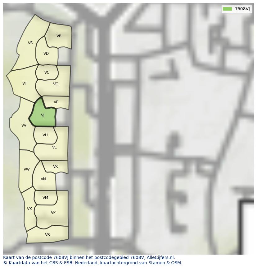 Afbeelding van het postcodegebied 7608 VJ op de kaart.