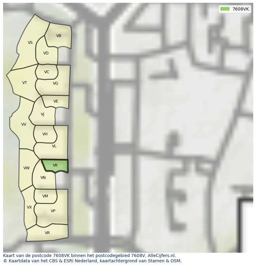 Afbeelding van het postcodegebied 7608 VK op de kaart.
