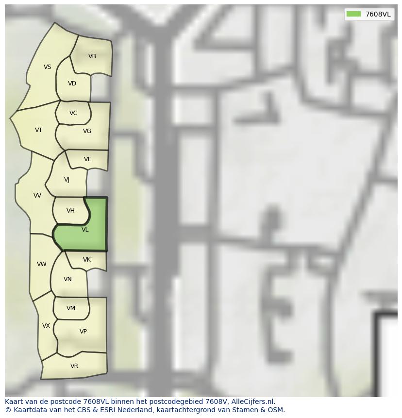 Afbeelding van het postcodegebied 7608 VL op de kaart.