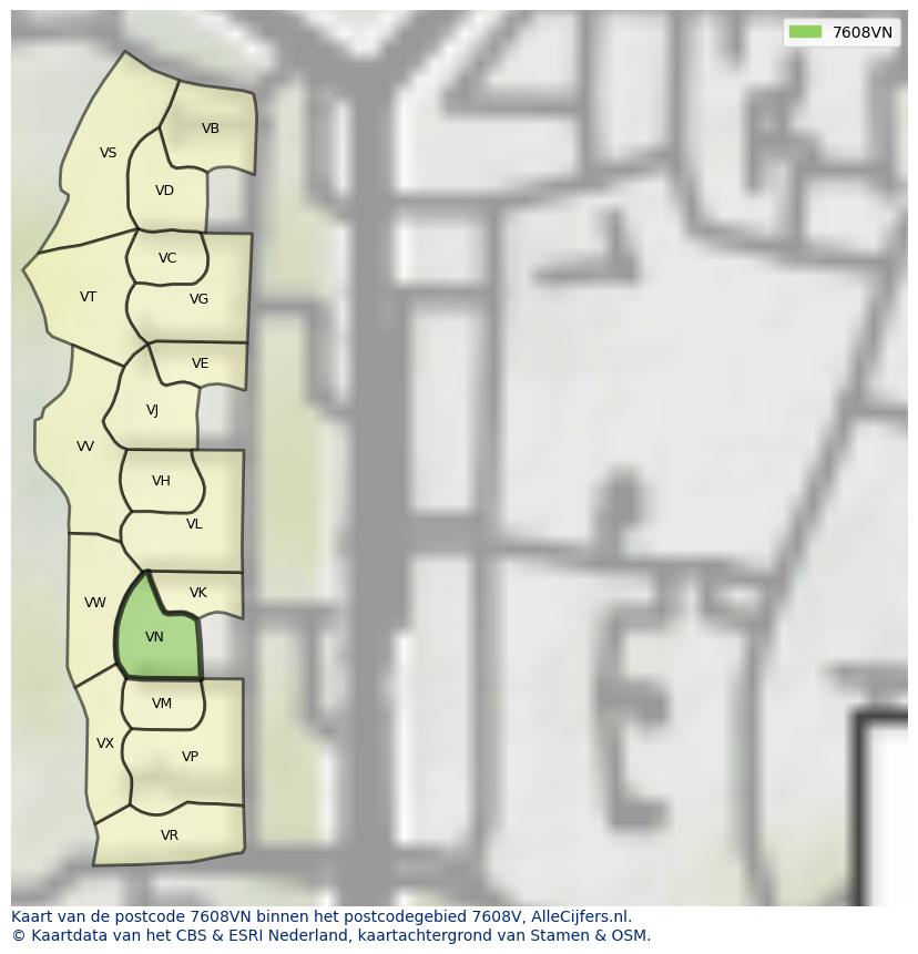 Afbeelding van het postcodegebied 7608 VN op de kaart.