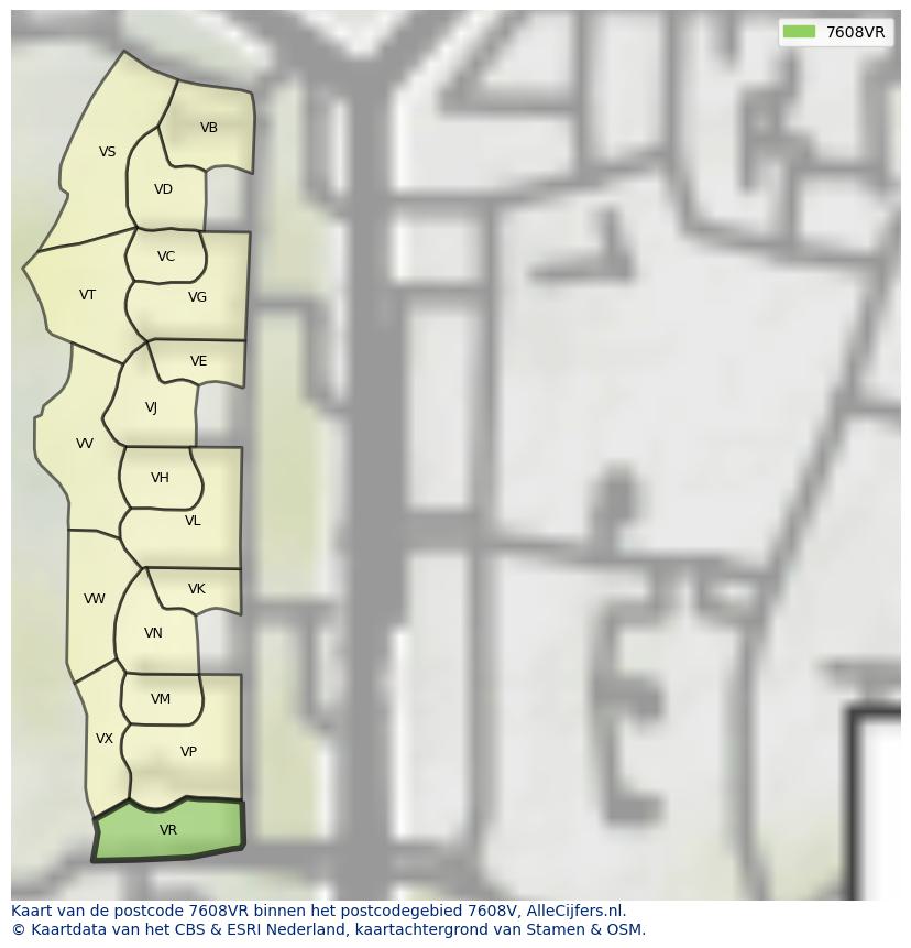 Afbeelding van het postcodegebied 7608 VR op de kaart.