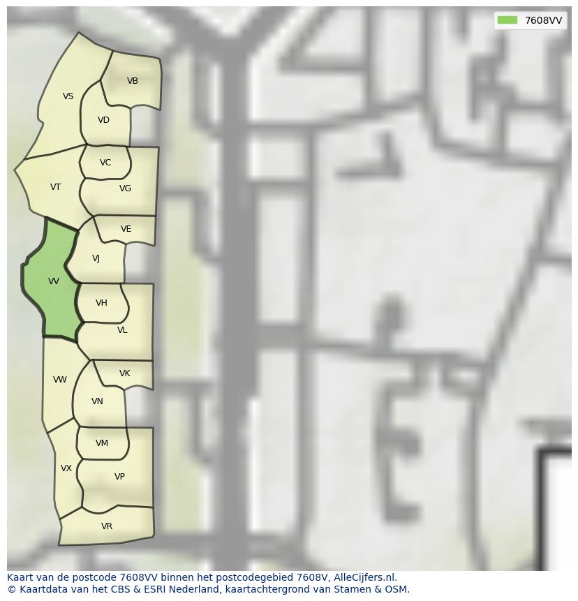 Afbeelding van het postcodegebied 7608 VV op de kaart.