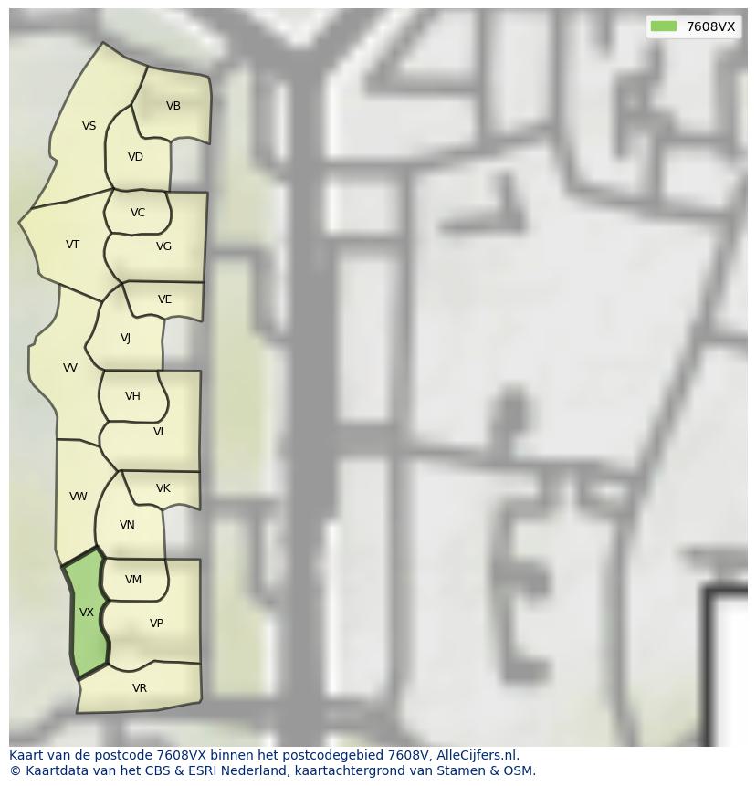Afbeelding van het postcodegebied 7608 VX op de kaart.