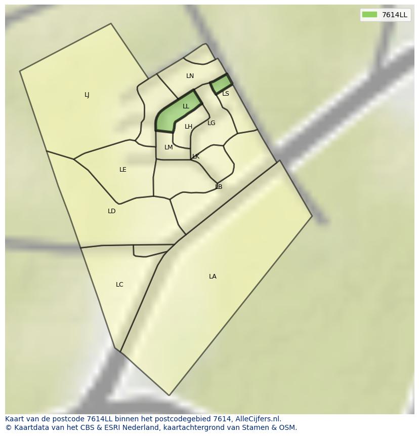 Afbeelding van het postcodegebied 7614 LL op de kaart.