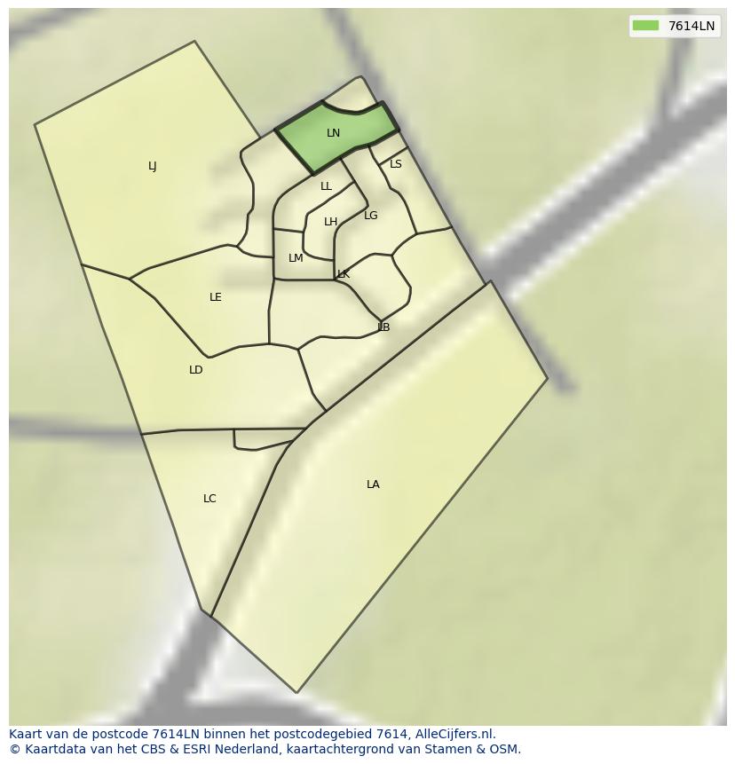 Afbeelding van het postcodegebied 7614 LN op de kaart.