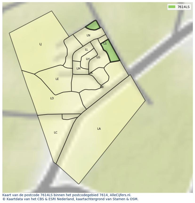 Afbeelding van het postcodegebied 7614 LS op de kaart.
