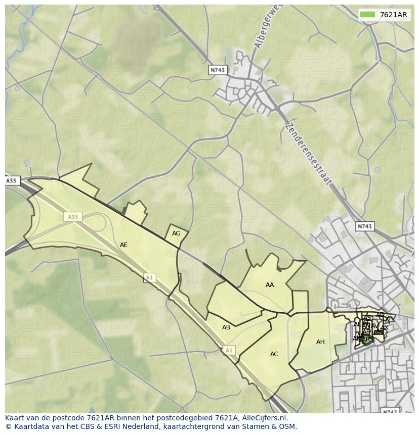 Afbeelding van het postcodegebied 7621 AR op de kaart.