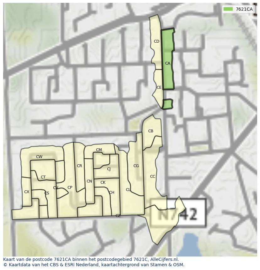 Afbeelding van het postcodegebied 7621 CA op de kaart.