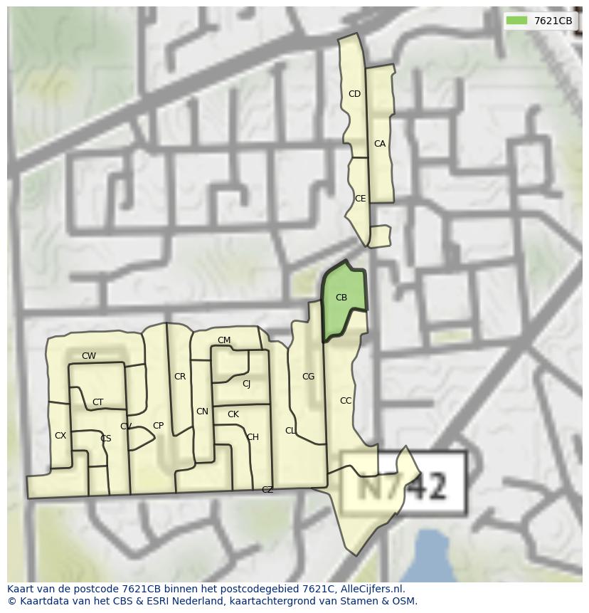 Afbeelding van het postcodegebied 7621 CB op de kaart.