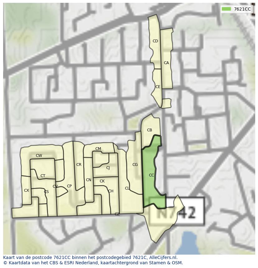 Afbeelding van het postcodegebied 7621 CC op de kaart.